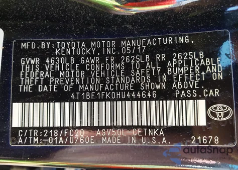 2017 Toyota Camry Le из США, поврежденный, VIN 4T1BF1FK0HU444646